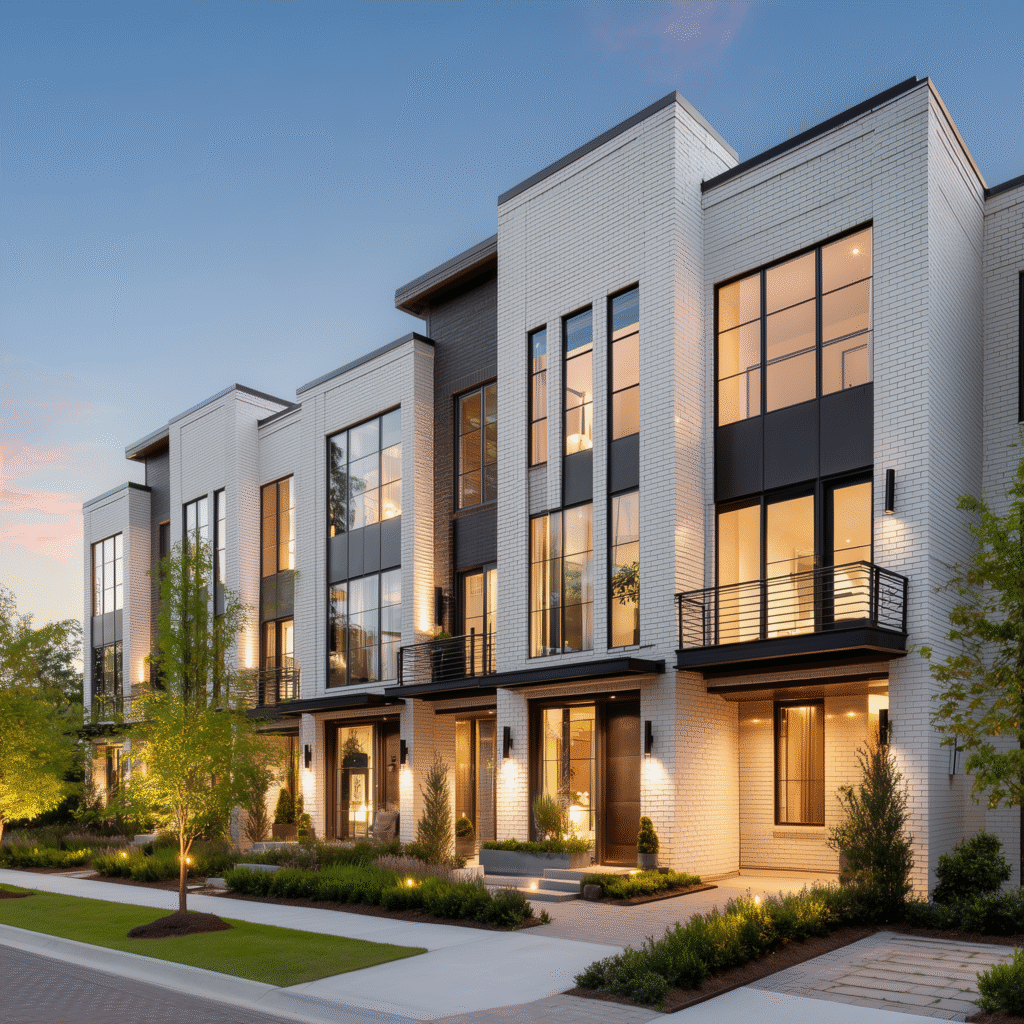 uxury modern townhomes in Atlanta with white brick and dark metal exterior, photographed in natural daylight with clean landscaping.