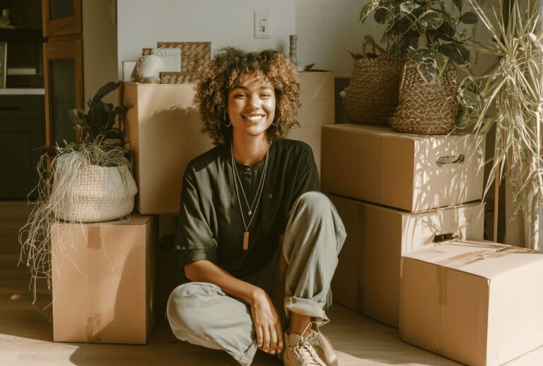 Smiling woman sitting among moving boxes in a clean modern home, ready for move-in cleaning.