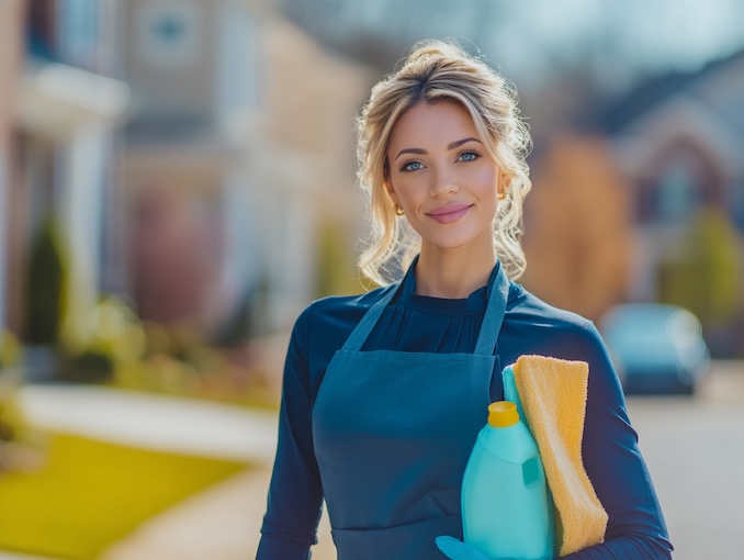 Professional white female cleaner smiling and holding cleaning supplies for Luxe Glo Cleaning